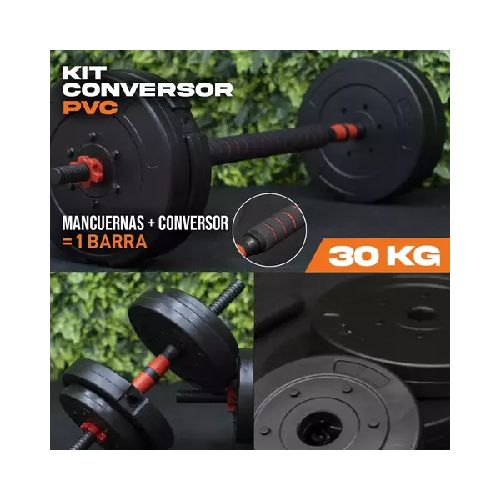 Kit Mancuernas + Conversor Barra + 30 Kg Discos Pvc  