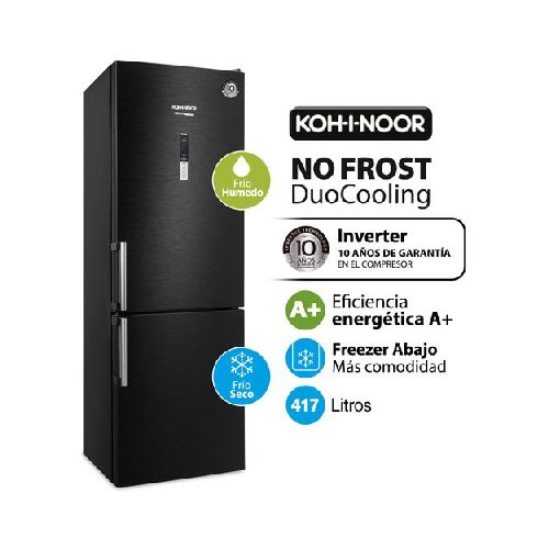 Heladera KOH-I-NOOR NO FROST DuoCooling Inverter Black Steel Edition Antihuellas sin dejar marcas 417lts KHGF41DI/9  