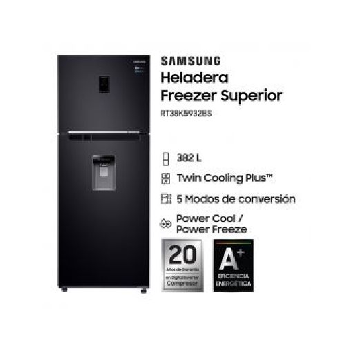 Heladera C/Freezer 382Lts Samsung RT38K5932BS C/Dispenser Inverter Negro