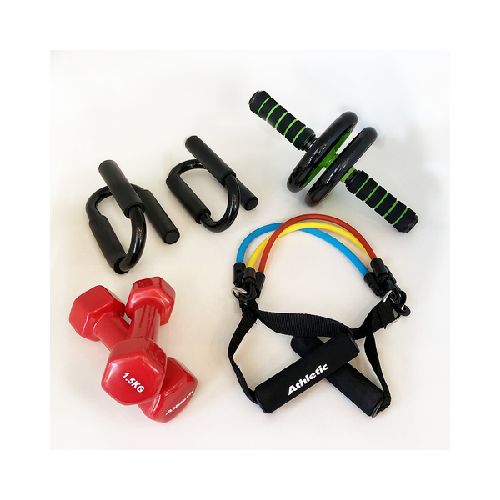 Kit fitness Rueda Abdominal + Mancuernas + Push up+ bandas resistencia  