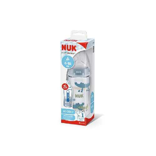 NUK MAMADERA FC+ X 300 ML 6-18M CON CONTROL DE TEMPERATURA COCODRILO