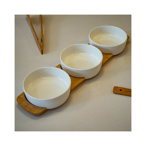 Set De 3 Bowl Cuencos De Porcelana Con Soporte De Madera