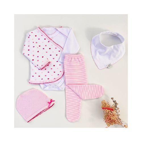 Conjunto Corazones - bodie blanco picot rosa MANGA LARGA - babero blanco