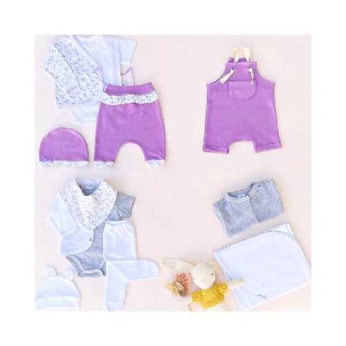 Conjunto flores lilas+ conjunto blanco+ dos bodies MANGA CORTA+ jardinero CORTO+ manta+ campera+ babero bandana