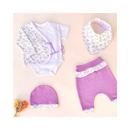 Conjunto Flores lilas - bodie blanco MANGA CORTA - babero orquídea