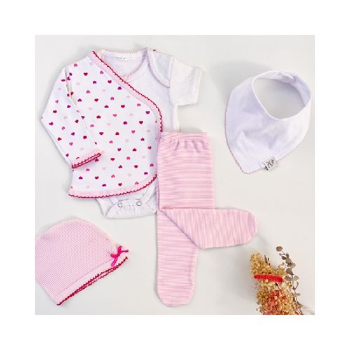 Conjunto Corazones - bodie blanco picot rosa MANGA CORTA - babero blanco