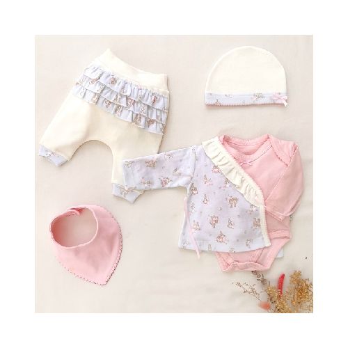 Conjunto Conejita Flora - bodie rosa MANGA LARGA - babero blanco