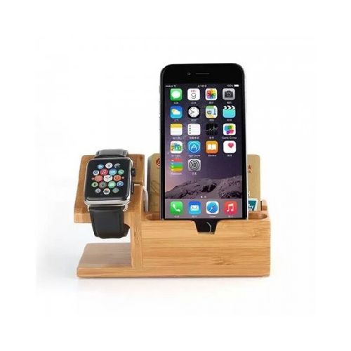 Base De Carga Apple Watch + Soporte Para Celular Estante De Madera Bambu Stand De Carga