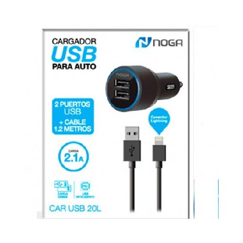 Cargador Auto 12V Usb 5,0V 2,1 Amp 2 Tomas + Cable Lightning Noga 20L