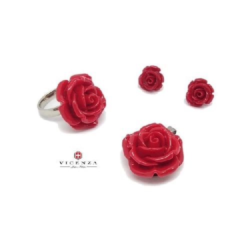 Conjunto De Anillo Aros Y Dije - Motivo Rosas Rojas