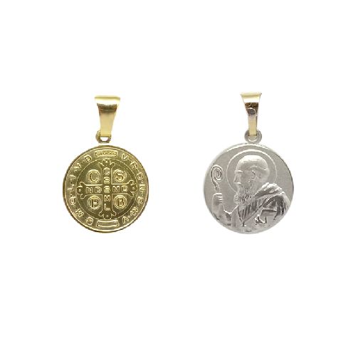 Medalla San Benito - Plata con frente en oro 18k - Doble Faz - 22mm