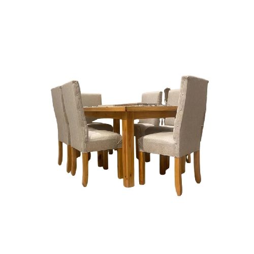 Juego de Comedor Emma 160x90cm - Color Roble + 6 Sillas en Tela Rústica - Madera Pino Clear