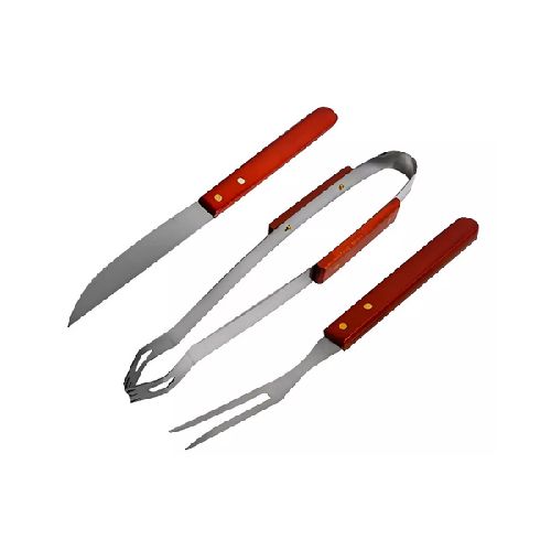 Set Para Asado Cuchillo Mango Madera Tenedor Y Pinza  