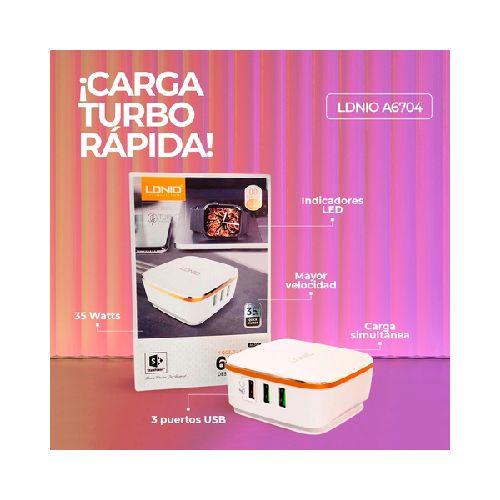 CARGADOR LDNIO A6704 5 PORT USB+1QC 3.0 CERTIFICADO/1.5MTS CABLE  