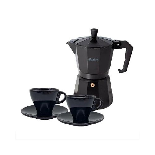 Set Cafetera Italiana + 2 Platos + 2 Pocillos Cerámica BLACK  