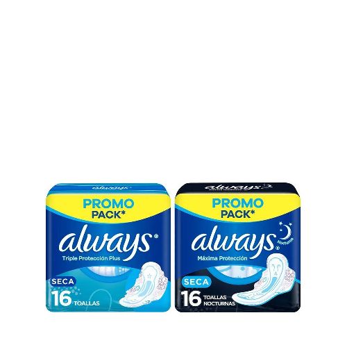 Combo Always Toallas Femeninas Maxi Protec Seca con Alas x 16 un + Toallas Femeninas Máxima Protección Noche Seca x 16 un  