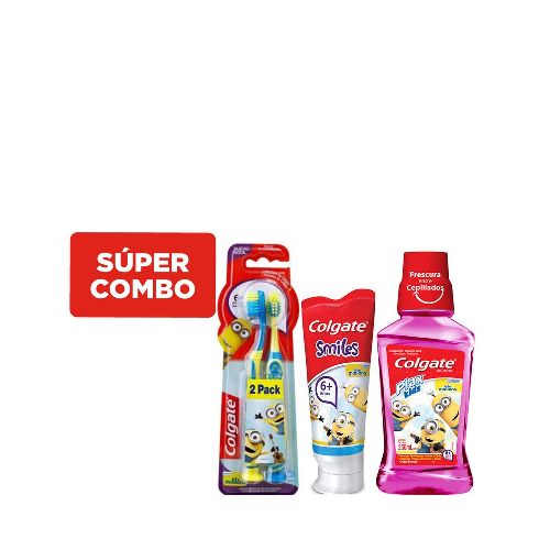 Combo Colgate Enjuague Bucal Plax Minions x 250 ml + Cepillo de Dientes Smiles 6+ Minions x 2 un + Pasta Dental Smiles Minions 6+ x 75 ml  