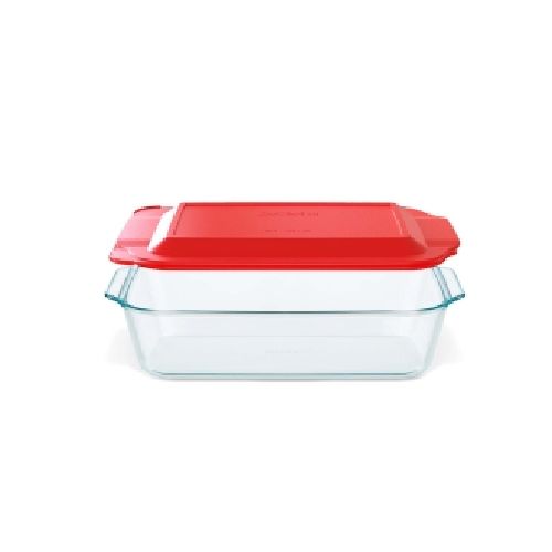 Fuente Rectangular Pyrex Deep 18x28 Cm 3 Lts Vidrio Templado Con Tapa Roja