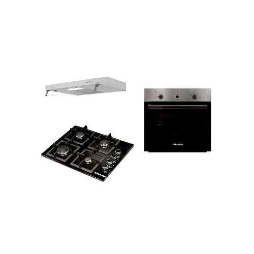 Cocina a Gas Challenger SQ6759 P8885 | 4 Quemadores Incluye Horno HG2555 y Campana Extractora CX4300 Color Negro con Gris  