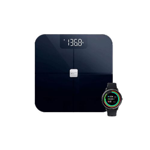 Balanza de Peso Inteligente Wyze P8776 | Superficie del Sensor Cristal Pantalla LED Color Negro Incluye Smartwatch Xiaomi IMILAB-KW66-W  