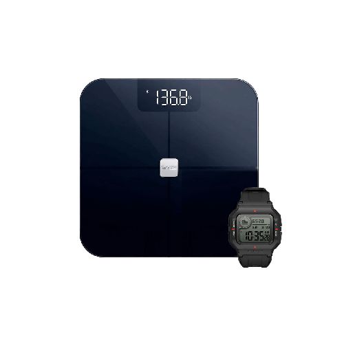 Balanza de Peso Inteligente Wyze P8776 | Superficie del Sensor Cristal Pantalla LED Color Negro Incluye Smartwatch Xiaomi AMAZFIT-NEO-W  