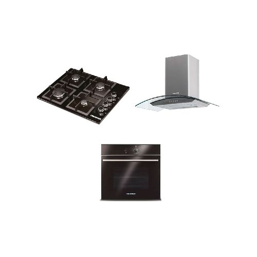 Cocina a Gas Challenger SQ6759 P8885 | 4 Quemadores Incluye Horno HG2555 y Campana Extractora CX4800 Color Negro con Gris  