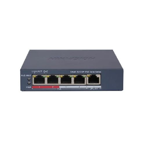 SWITCH ETHERNET PARA ESCRITORIO DE 5 PUERTOS 10/100 4X RJ45 POE + 1X RJ45 HIKVISION DS-3E1105P-EI/M  