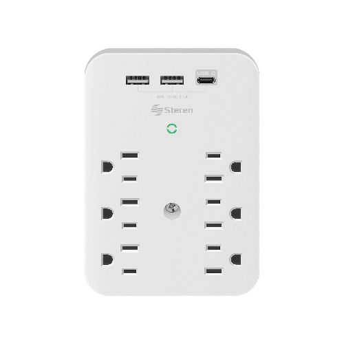 Clavija adaptadora de 6 contactos polarizados y triple cargador USB  