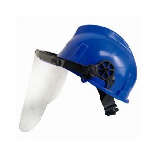 CASCO PREMIUM AZUL CON PROTECCION FACIAL PANTALLA ESTIRENO Y AJUSTE CON RATCHET