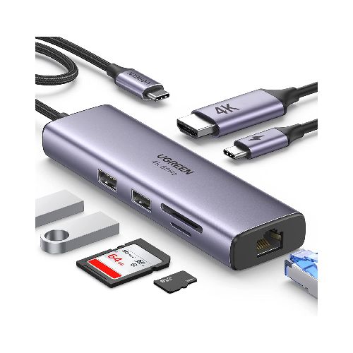 UGREEN Adaptador Multipuerto 7 en 1 HUB USB-C con puerto Ethernet, HDMI 4K a 60Hz, 100W PD, lector de tarjetas SD/TF, 2 puertos USB 3.0, compatible con Mac M1, M2, iPad, Steam Deck  